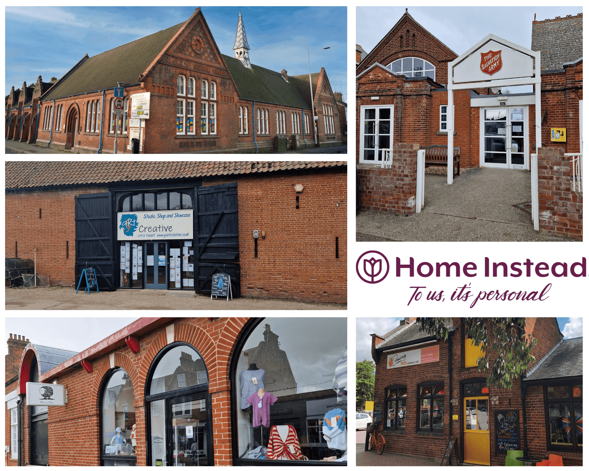 Collage of brick buildings featuring businesses, including Home Instead, a shop with dresses, and a Salvation Army entrance. - Home Instead