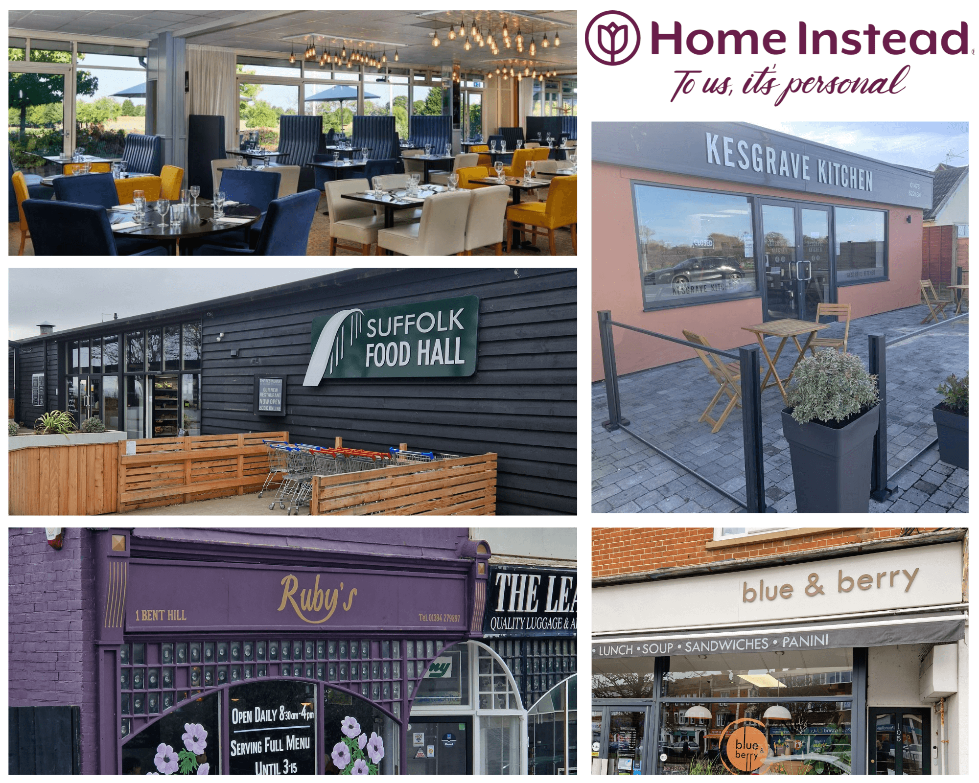 A collage of five restaurant storefronts and interiors, including "Kesgrave Kitchen" and "Ruby's". - Home Instead