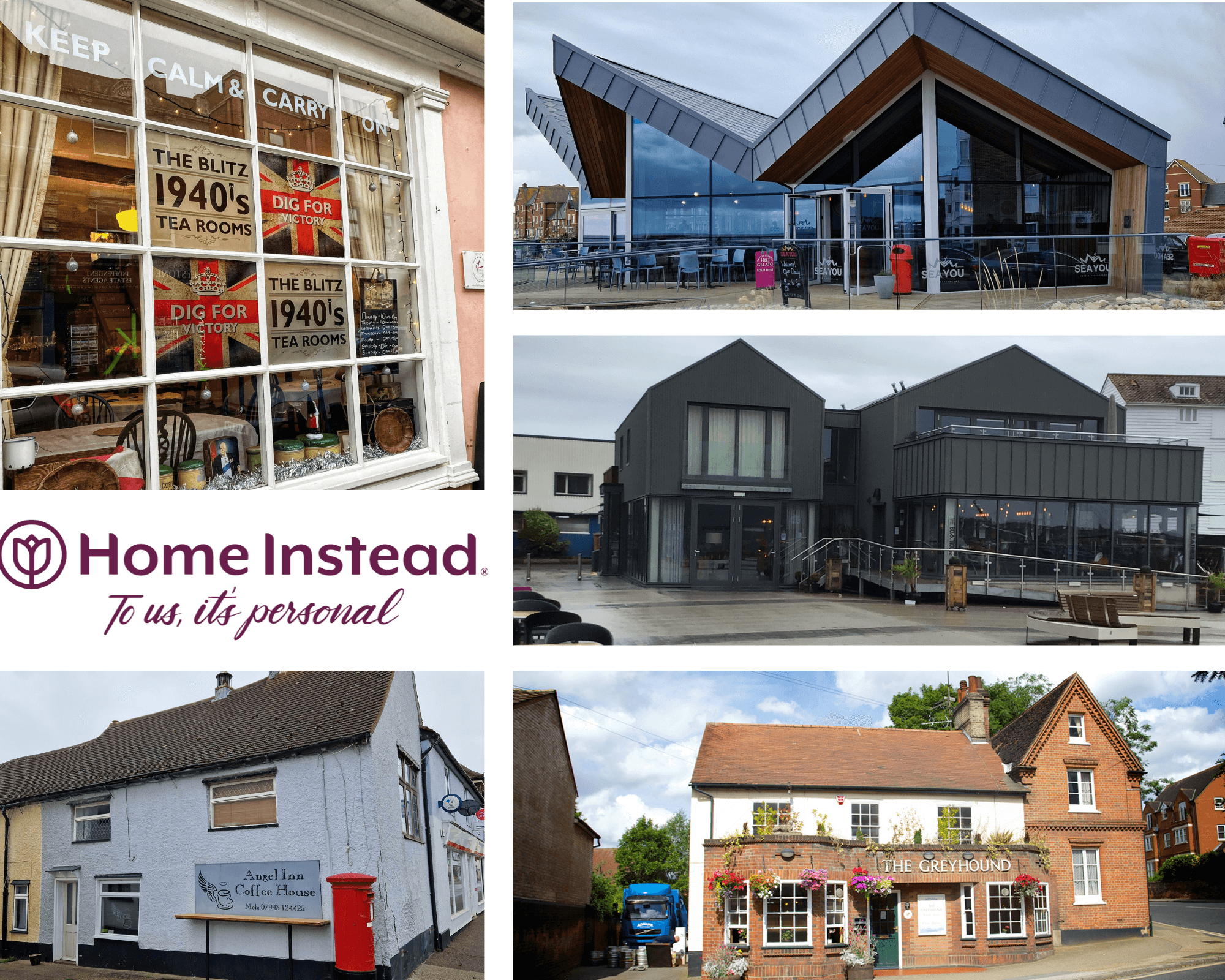 Collage of various cafes and tea rooms, including rustic and modern designs, with the Home Instead logo and slogan. - Home Instead