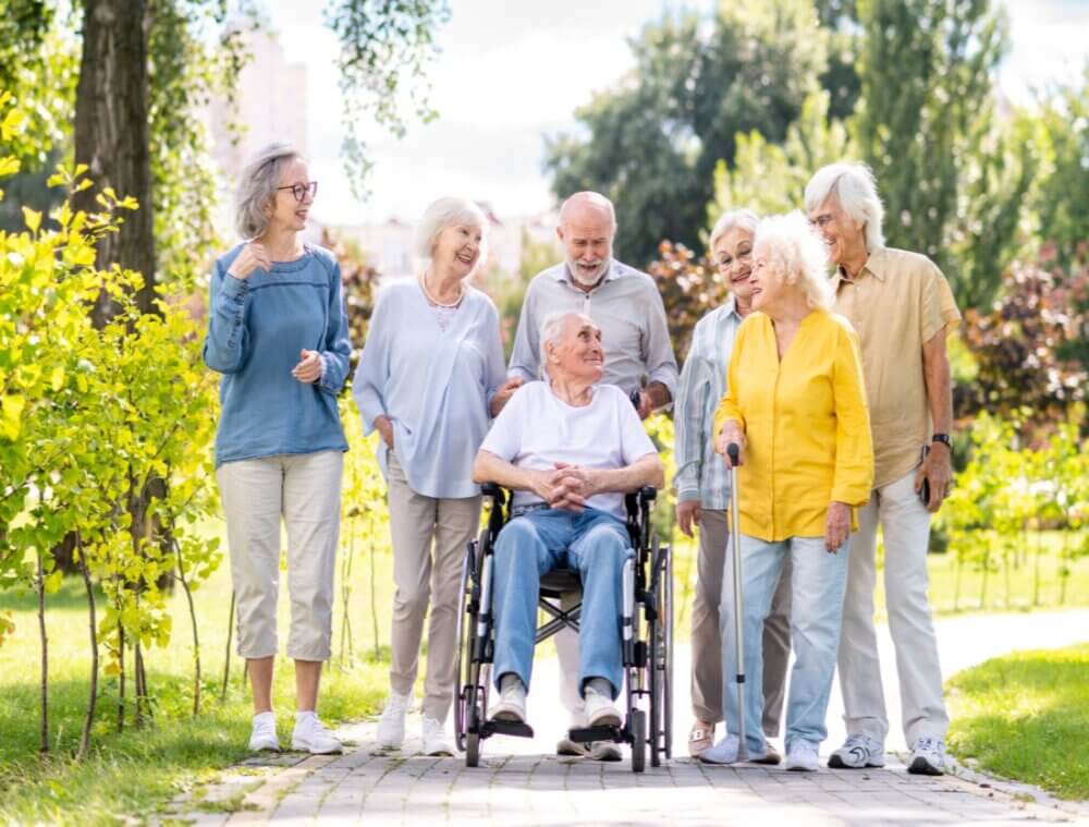 A group of elderly individuals enjoying a sunny day at a park, with one person in a wheelchair and others walking. - Home Instead
