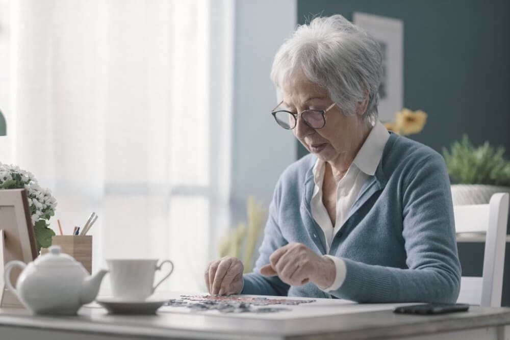 An elderly woman sits at a table, concentrating on assembling a jigsaw puzzle, with tea set and plants in the background. - Home Instead