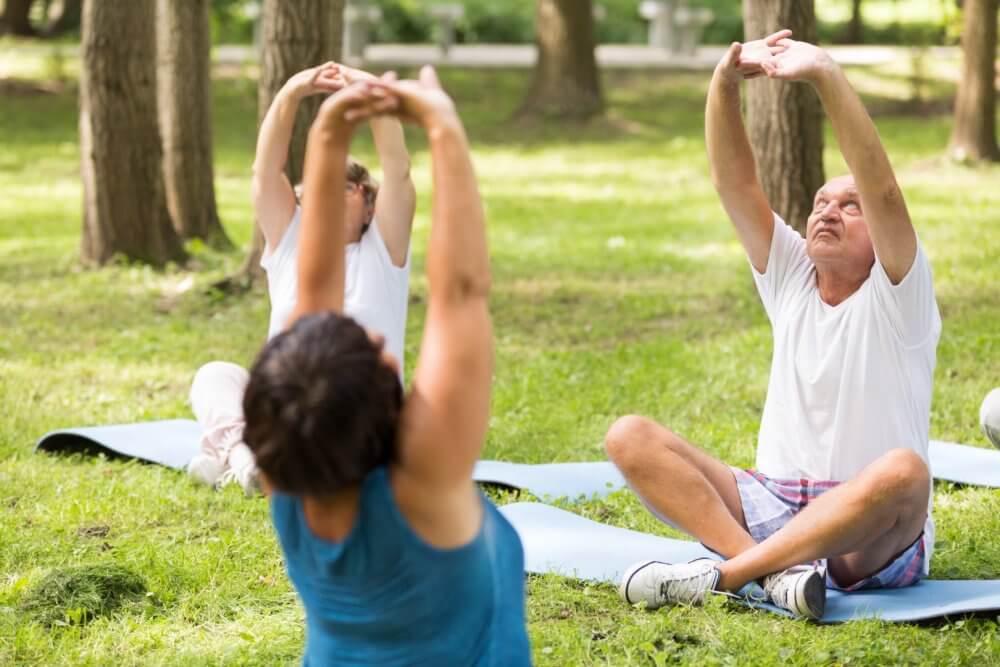 Three people are doing seated stretches on yoga mats in a park. Trees and greenery are in the background. - Home Instead