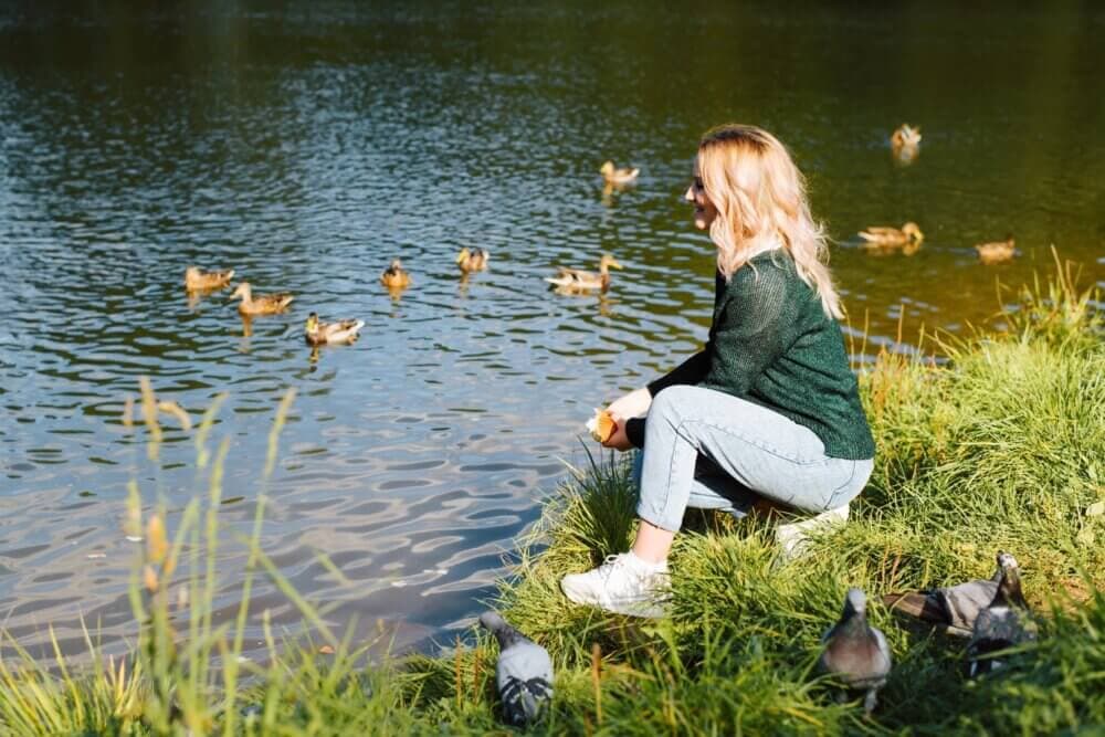 Woman with long blonde hair feeding ducks by a lake on a sunny day, surrounded by grass and a few pigeons. - Home Instead