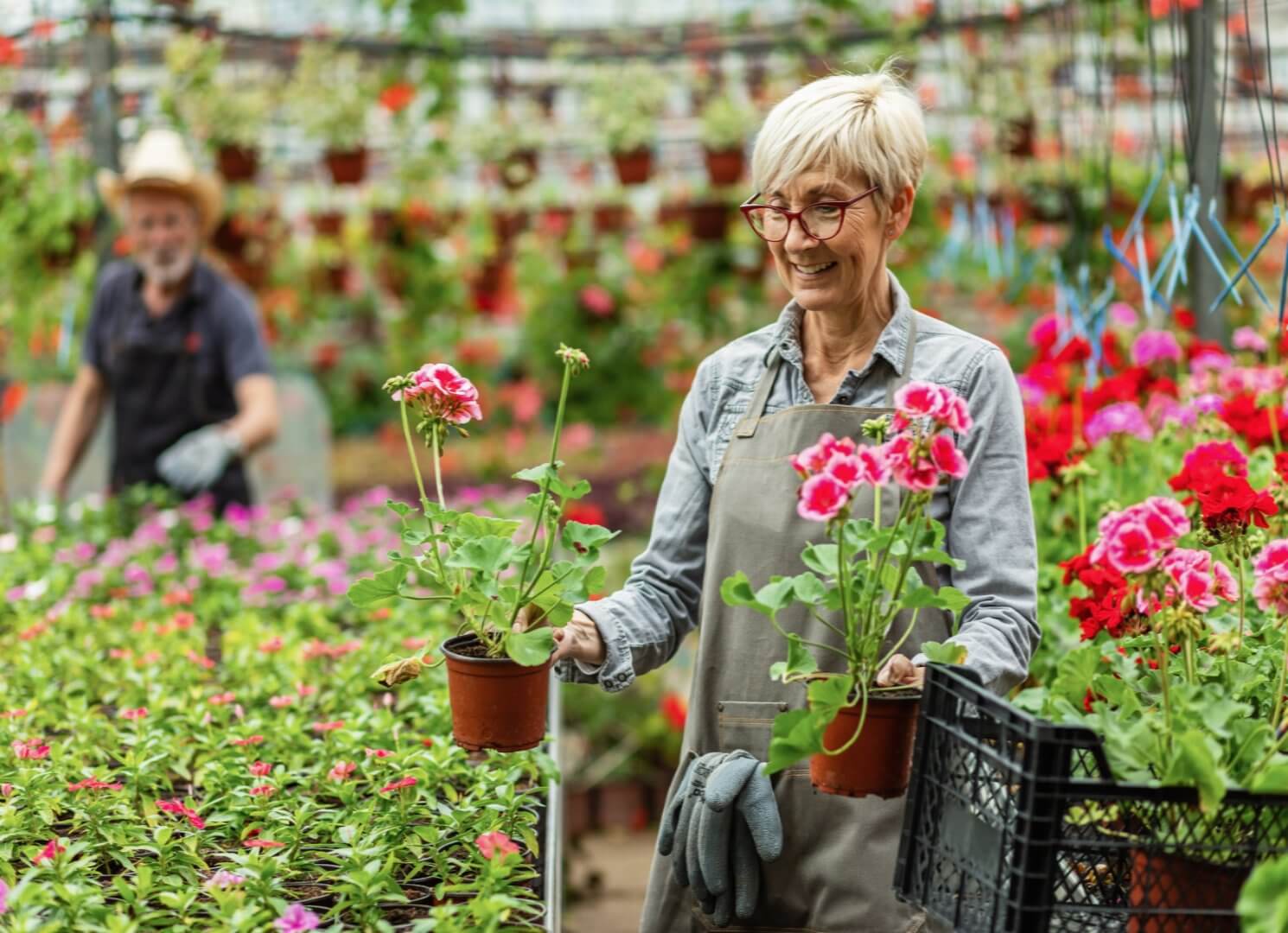 Smiling woman in a greenhouse holding potted flowers, with a man working in the background among colorful plants. - Home Instead