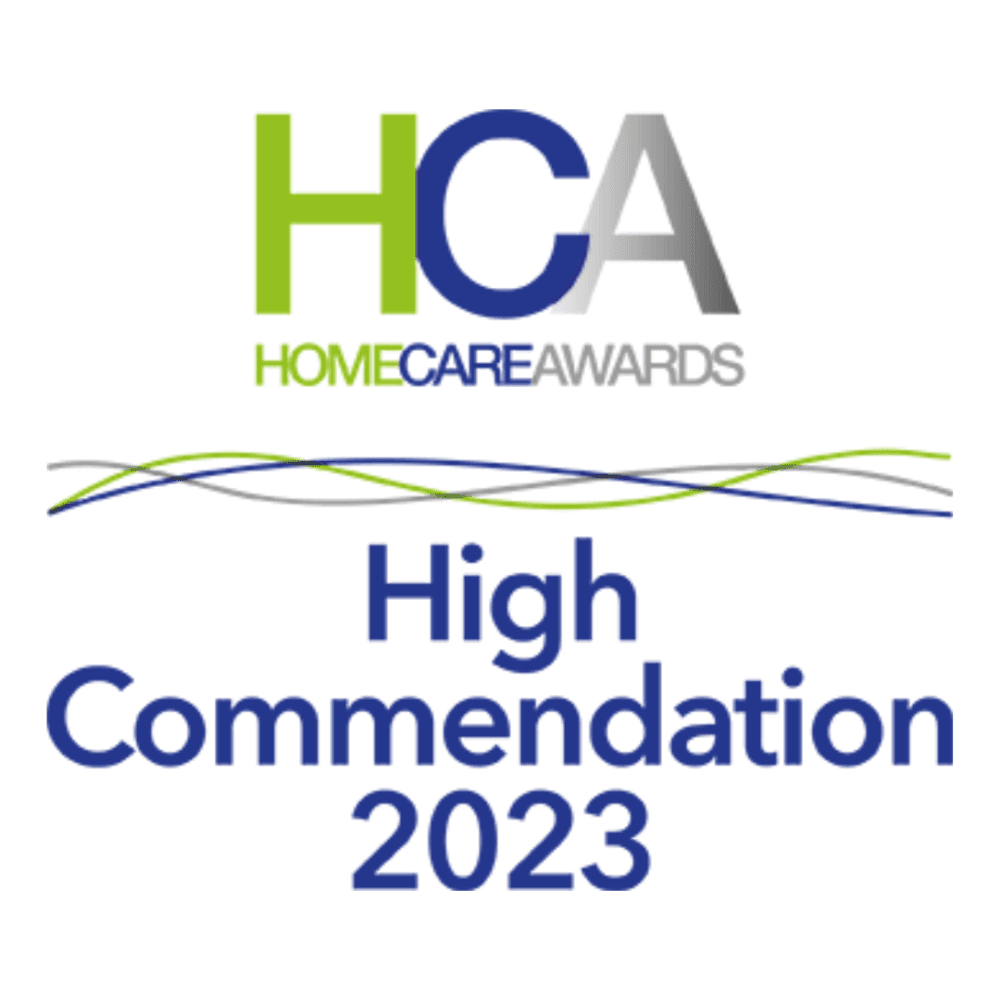 Home Care Awards logo with "High Commendation 2023" text beneath it in blue and green colors. - Home Instead