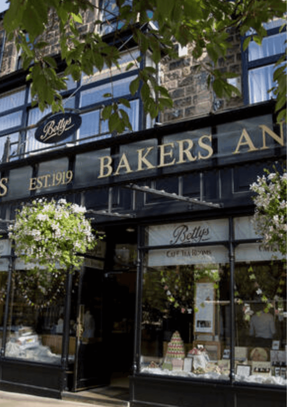 A quaint bakery storefront with “Betty's Bakers” written on the sign, established in 1919, and decorated with hanging plants. - Home Instead