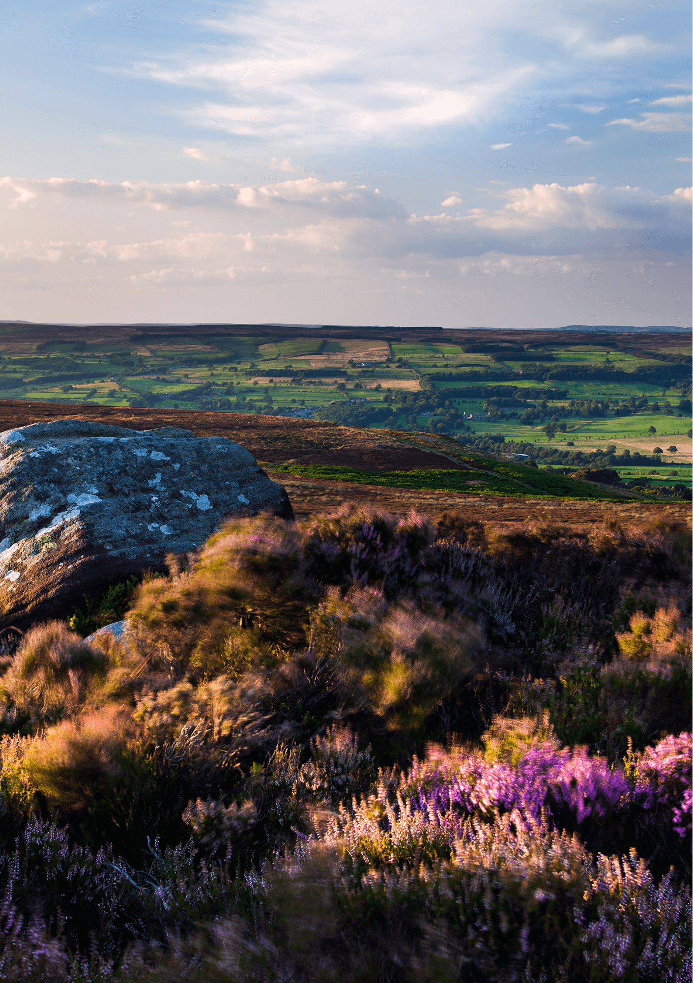Scenic landscape with a large rock, purple heather, and fields in the distance under a partly cloudy sky. - Home Instead
