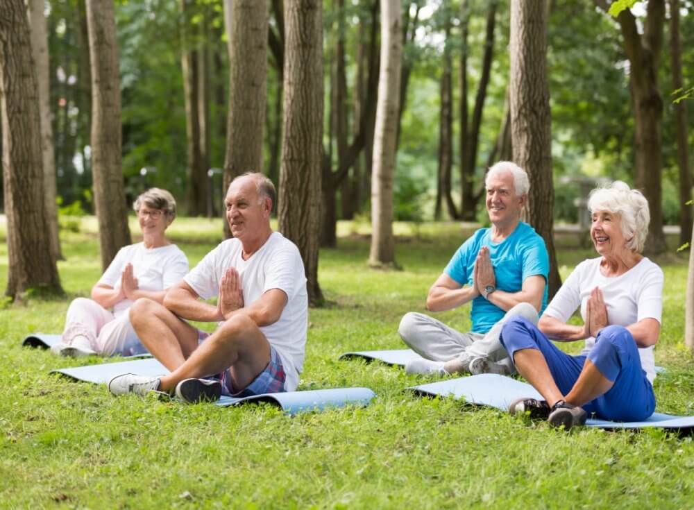 A group of elderly people, seated on mats in a park, practicing yoga with hands in prayer pose and smiling. - Home Instead