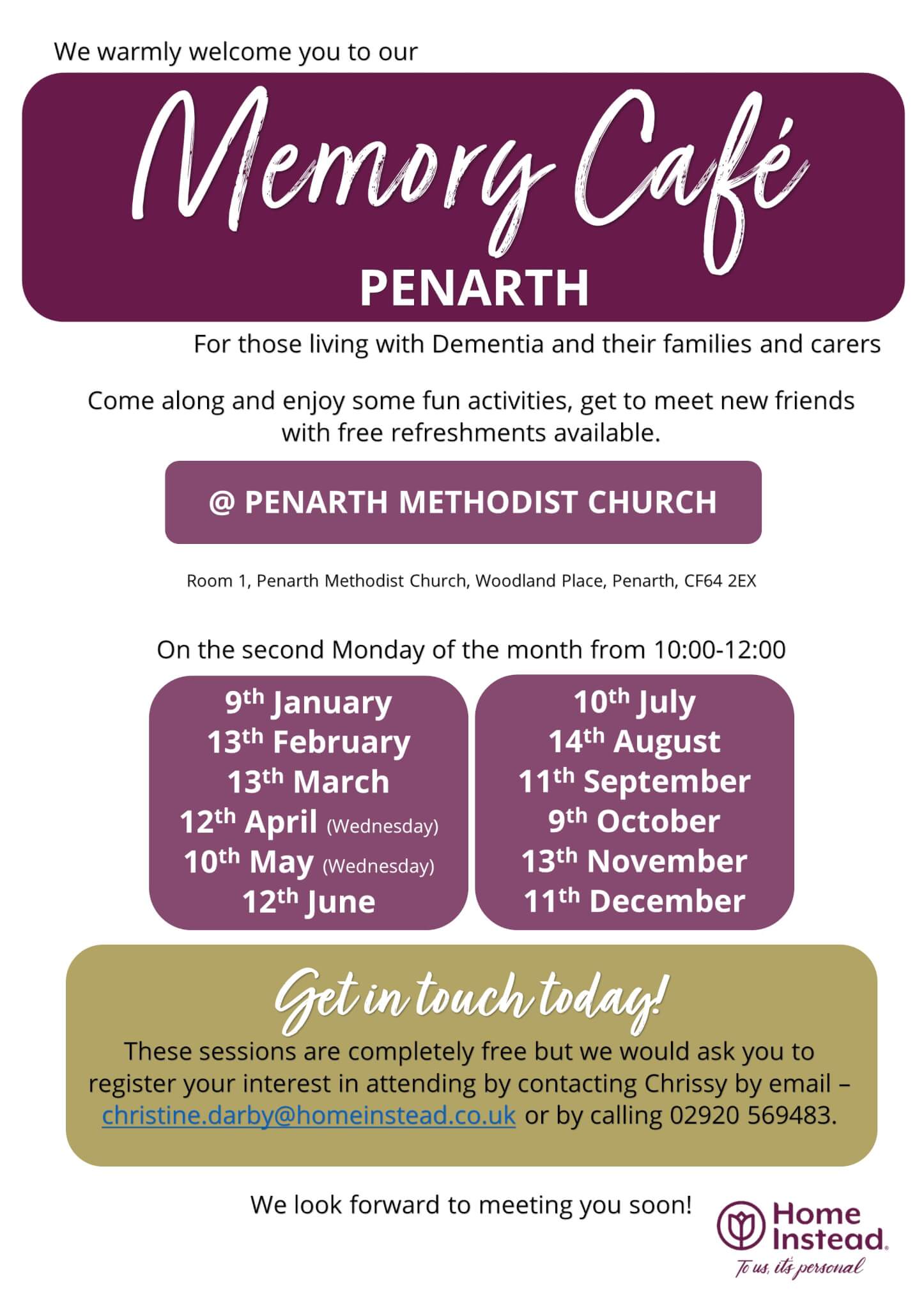Flyer for Memory Café Penarth, detailing dates, time, location, and contact information for dementia support sessions. - Home Instead