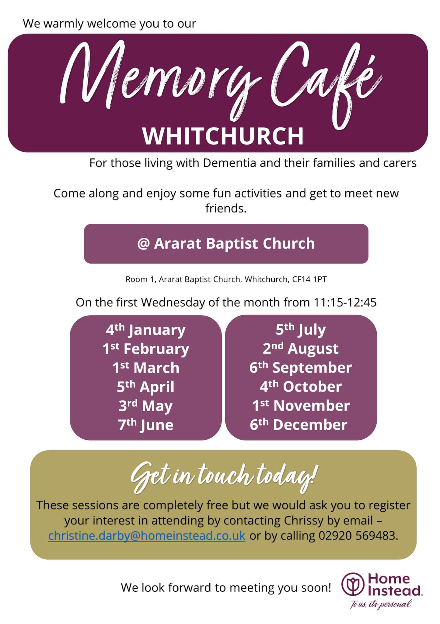 Flyer for Memory Café Whitchurch, held monthly at Ararat Baptist Church, CF14 1PT, from 11:15-12:45. Contact details included. - Home Instead