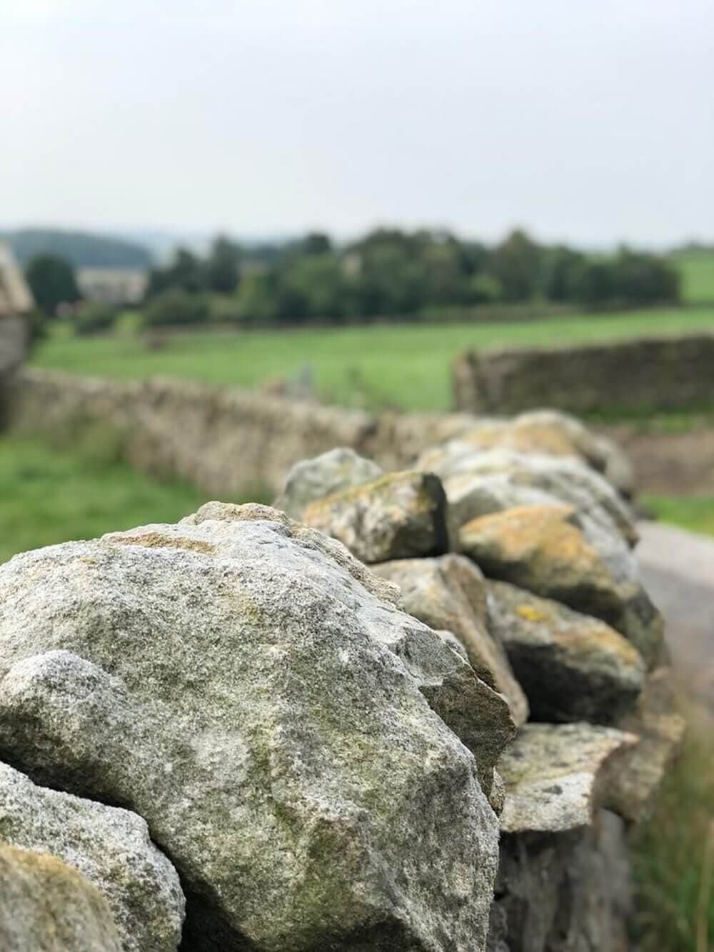 Close-up of a stone wall with a countryside landscape featuring green fields and distant trees in the background. - Home Instead