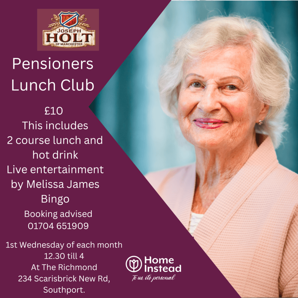 Elderly woman smiling, with text promoting a Pensioners Lunch Club with lunch, entertainment, and bingo details. - Home Instead