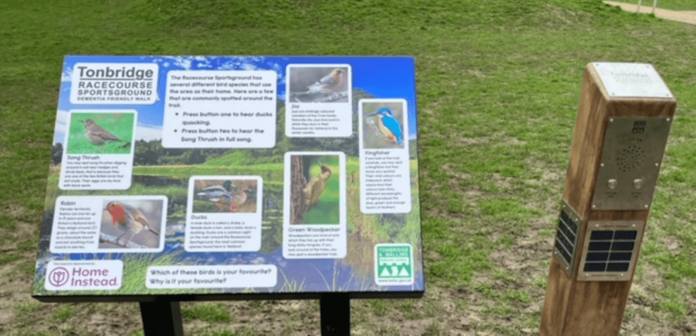 Interpretive sign displaying various bird species with images, and a nearby audio device for bird calls in a grassy area. - Home Instead