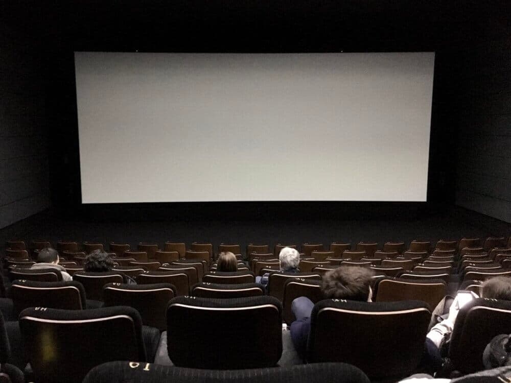 A nearly empty movie theater with a blank screen and a few people seated in the middle rows. - Home Instead