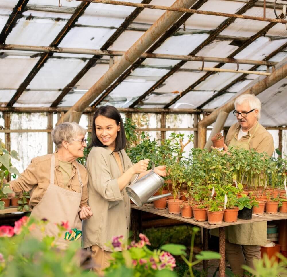 Three people in a greenhouse, one watering plants in pots, the others tending to the plants and smiling. - Home Instead