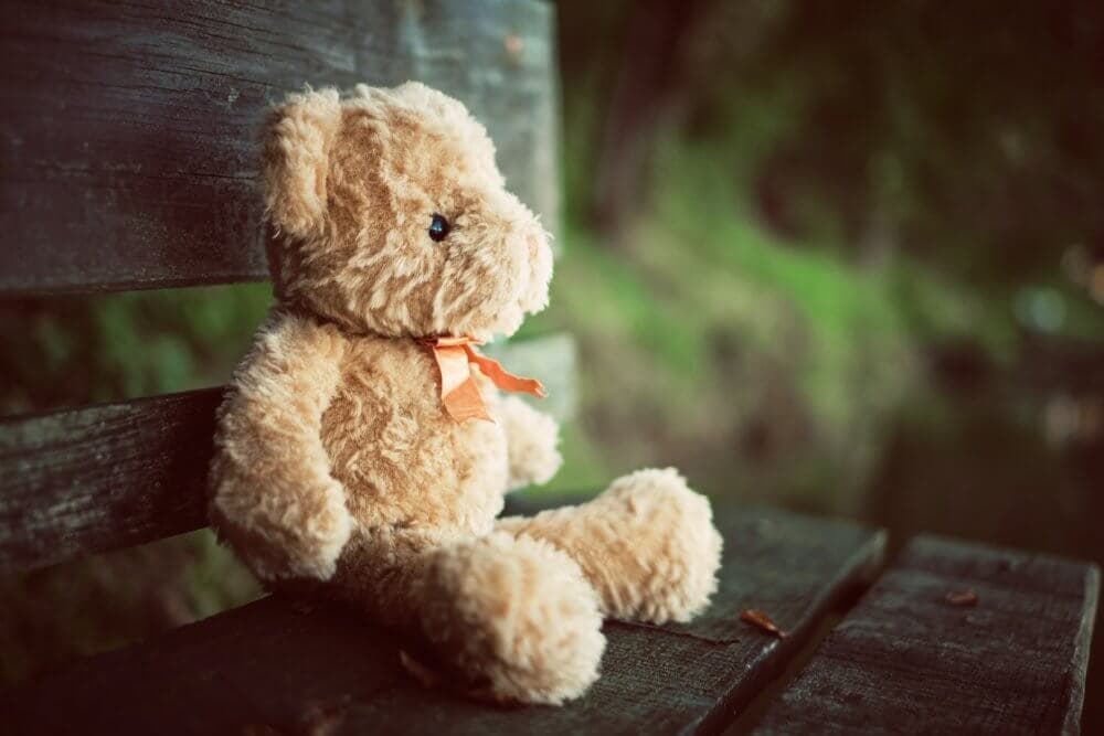 A teddy bear with an orange ribbon sits alone on a wooden bench in a park. - Home Instead