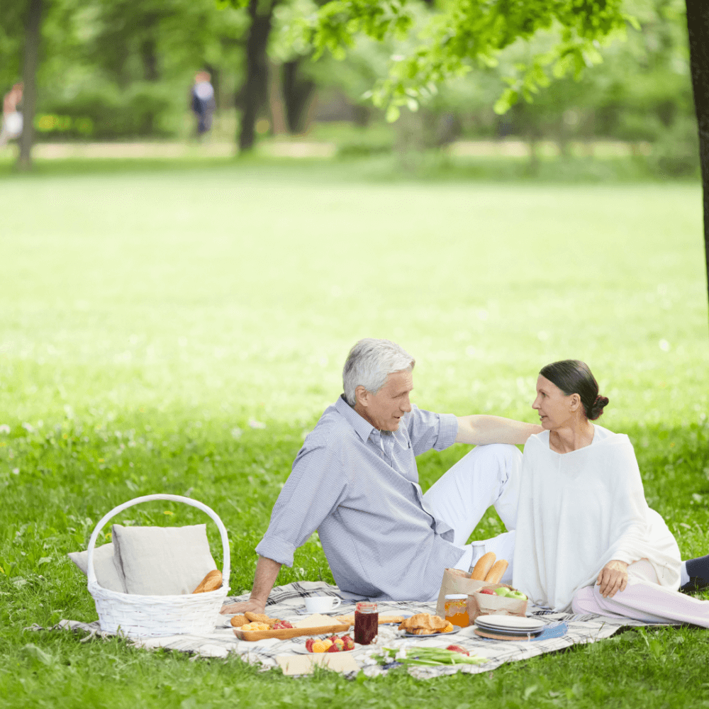 Elderly couple sitting on a blanket having a picnic in a green park with trees and grass surrounding them. - Home Instead