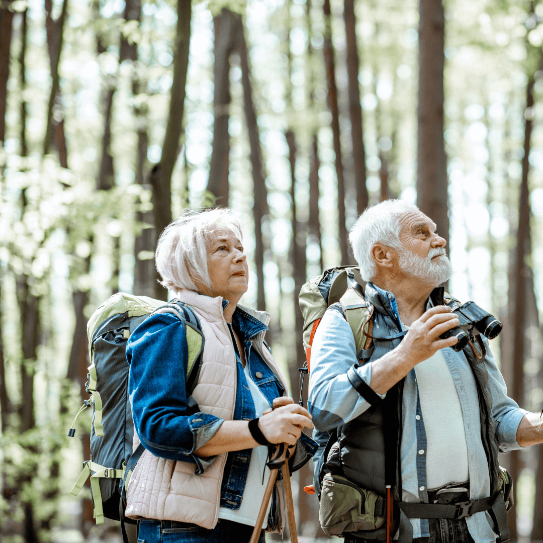 Two elderly hikers in a forest, wearing backpacks and looking up with binoculars and walking sticks. - Home Instead
