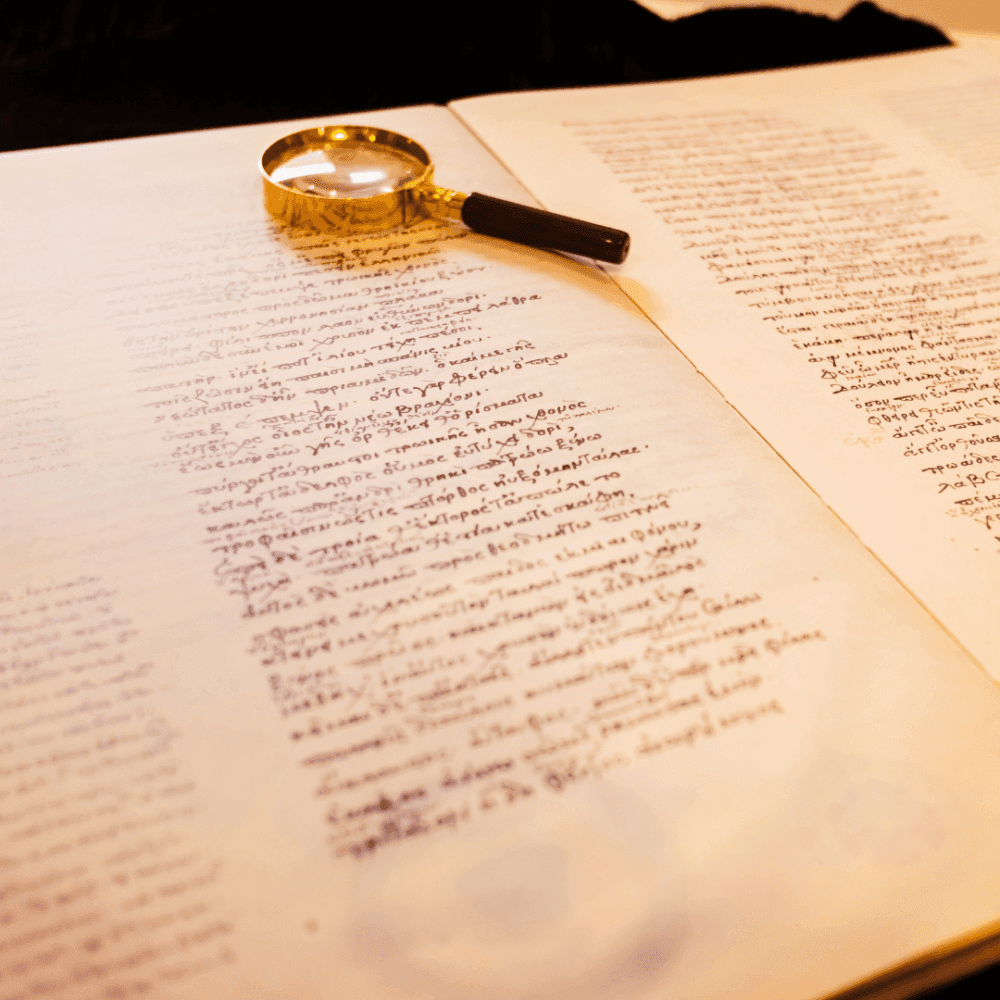 Open ancient manuscript with handwritten text, placed under a magnifying glass on a dark surface. - Home Instead