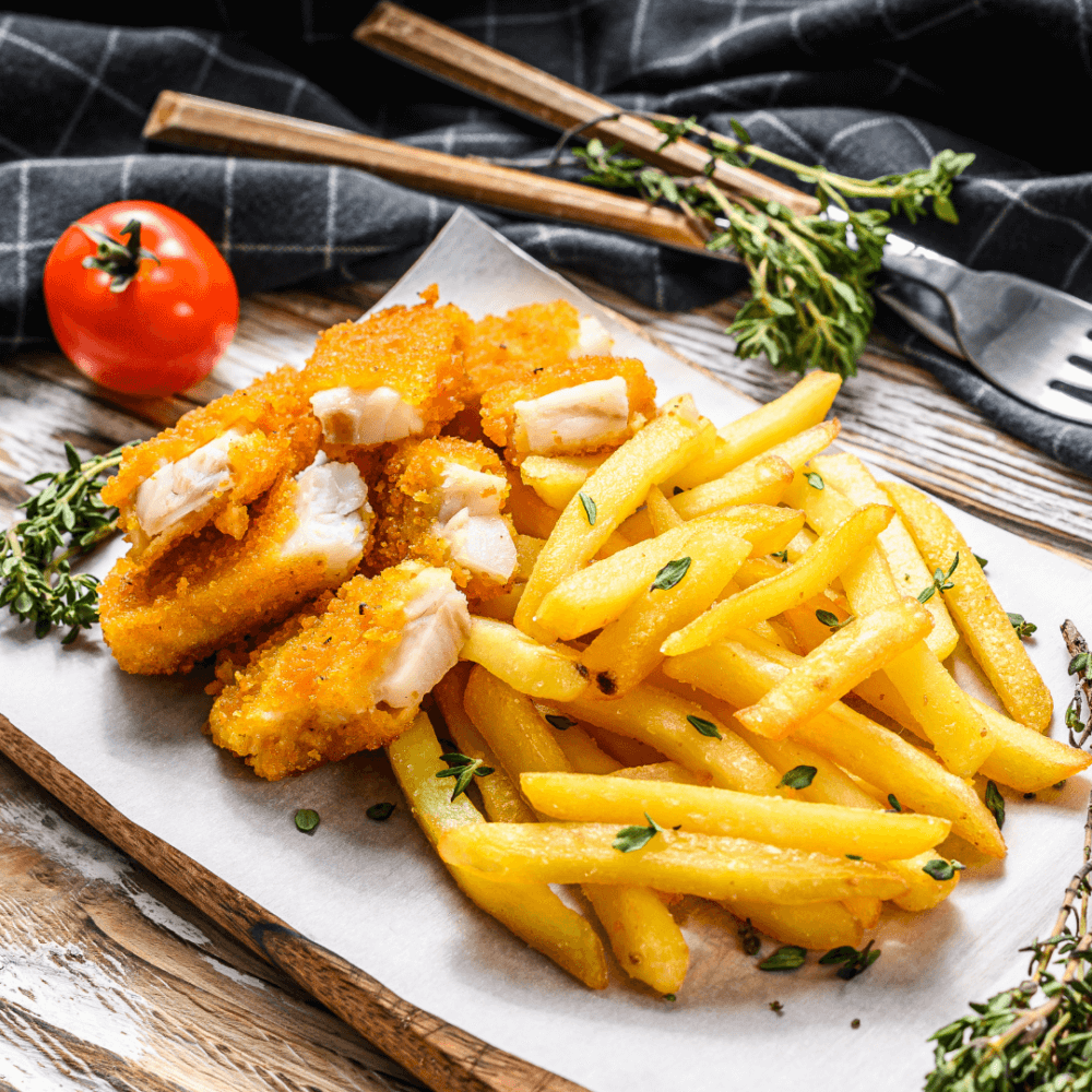 Crispy fried fish and golden French fries served with herbs on a wooden board, next to a cherry tomato. - Home Instead
