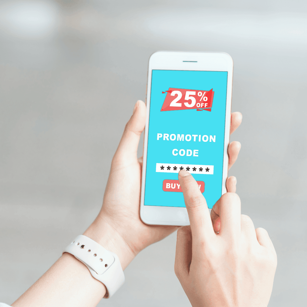 Person holding a smartphone displaying a 25% off promotion code and a "BUY NOW" button on the screen. - Home Instead