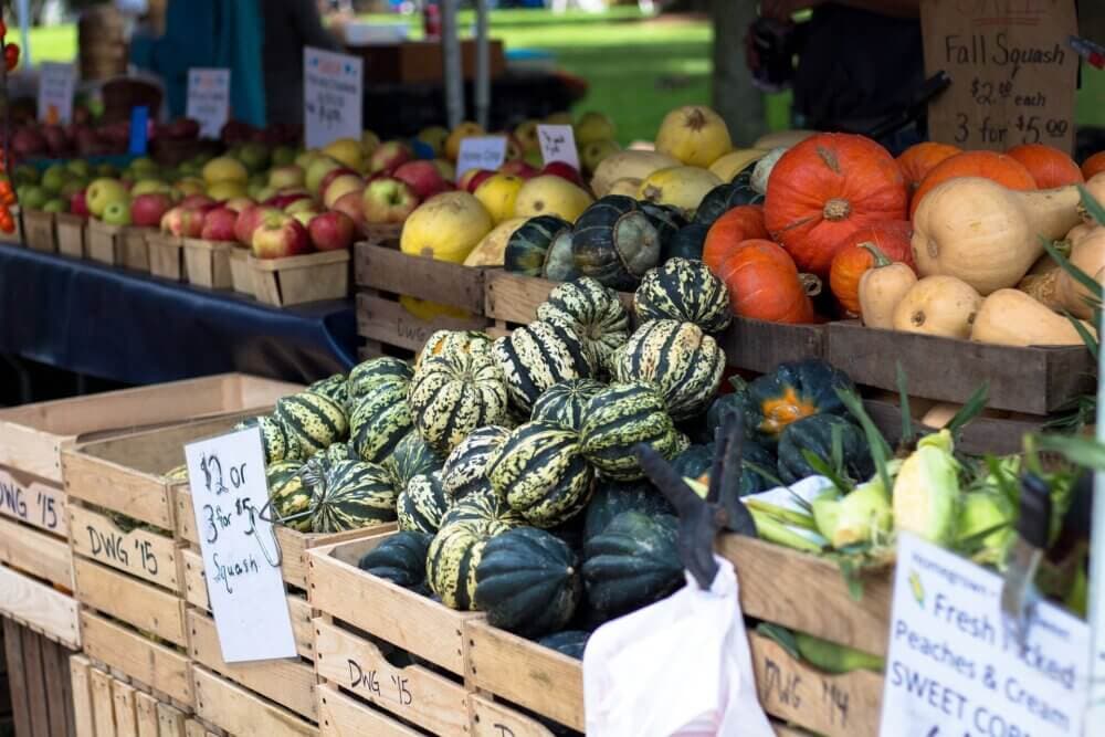 Basket of assorted squashes and other produce on display at an outdoor market stall. - Home Instead