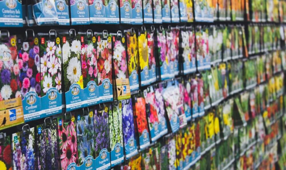 Packets of various flower seeds displayed on racks in a store, showcasing vibrant and colorful floral images on each packet. - Home Instead