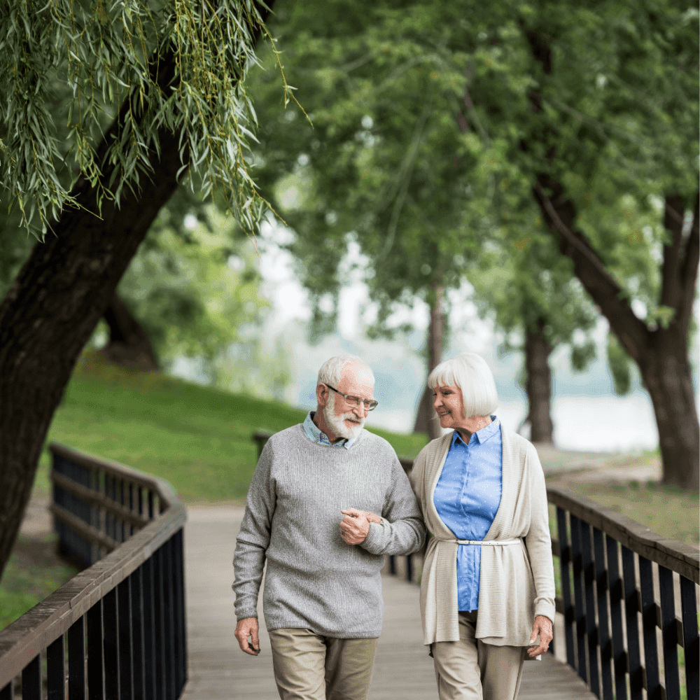 Elderly couple walking arm in arm on a wooden bridge in a park surrounded by lush green trees. - Home Instead