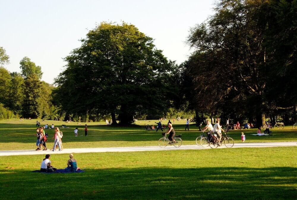 People enjoying a sunny day in a park with trees, some walking, biking, and sitting on the grass. - Home Instead