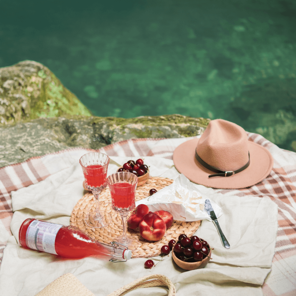 Picnic setup by the water with fruit, drinks, a hat, and checkered blanket on a sunny day. - Home Instead