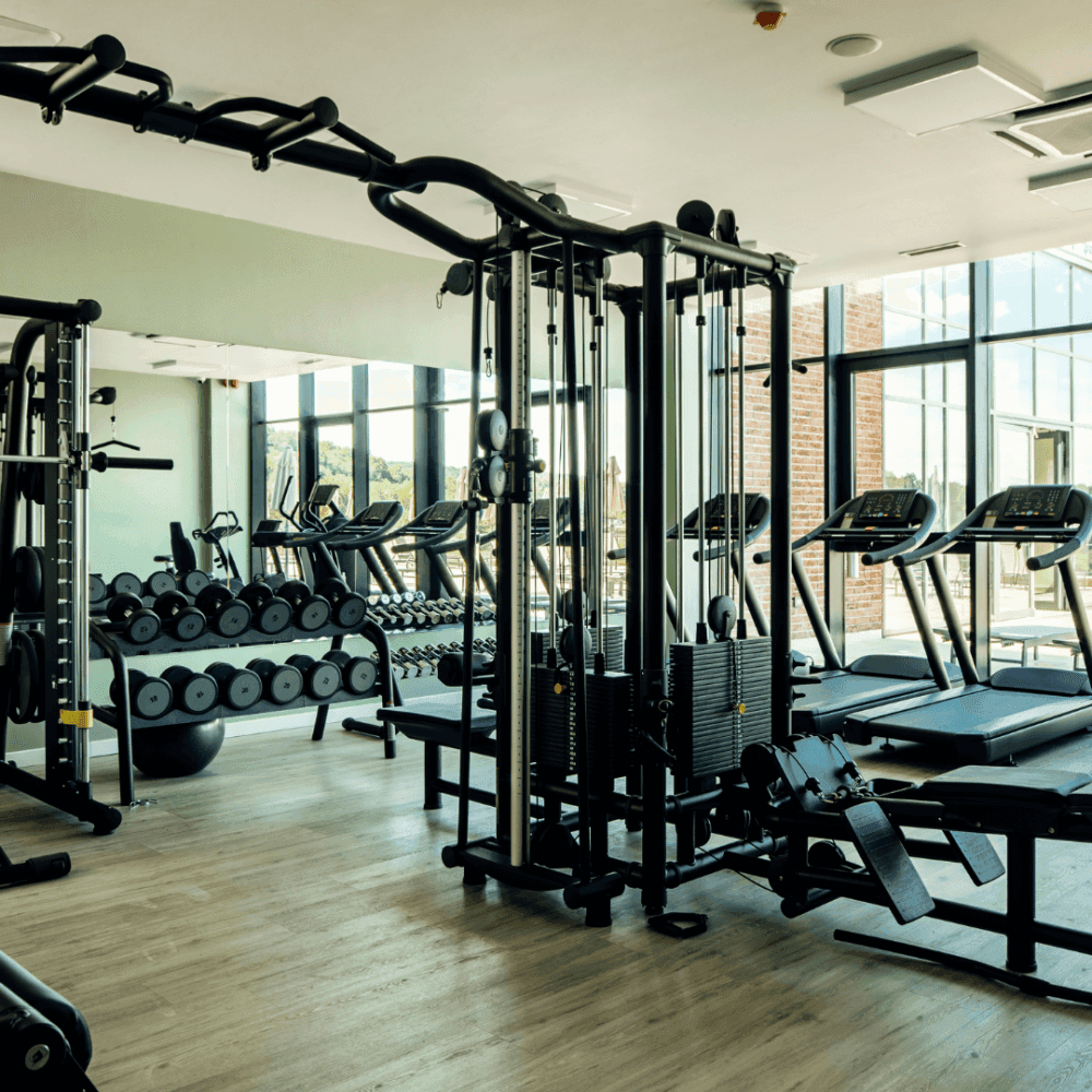 A gym with treadmills, weightlifting machines, and free weights next to a wall of windows. - Home Instead