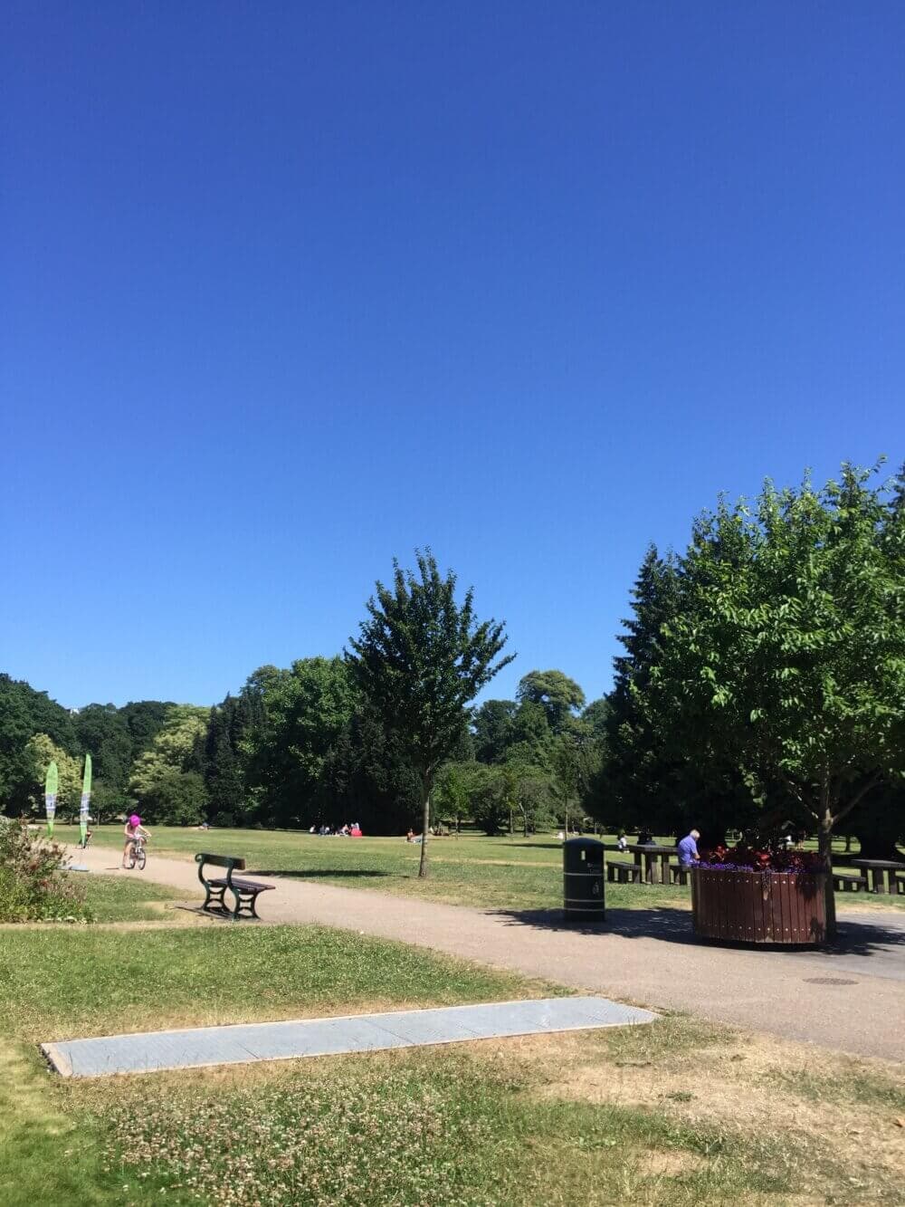 Park scene with clear blue sky, trees, a path, benches, and people walking and sitting, including a cyclist in the distance. - Home Instead