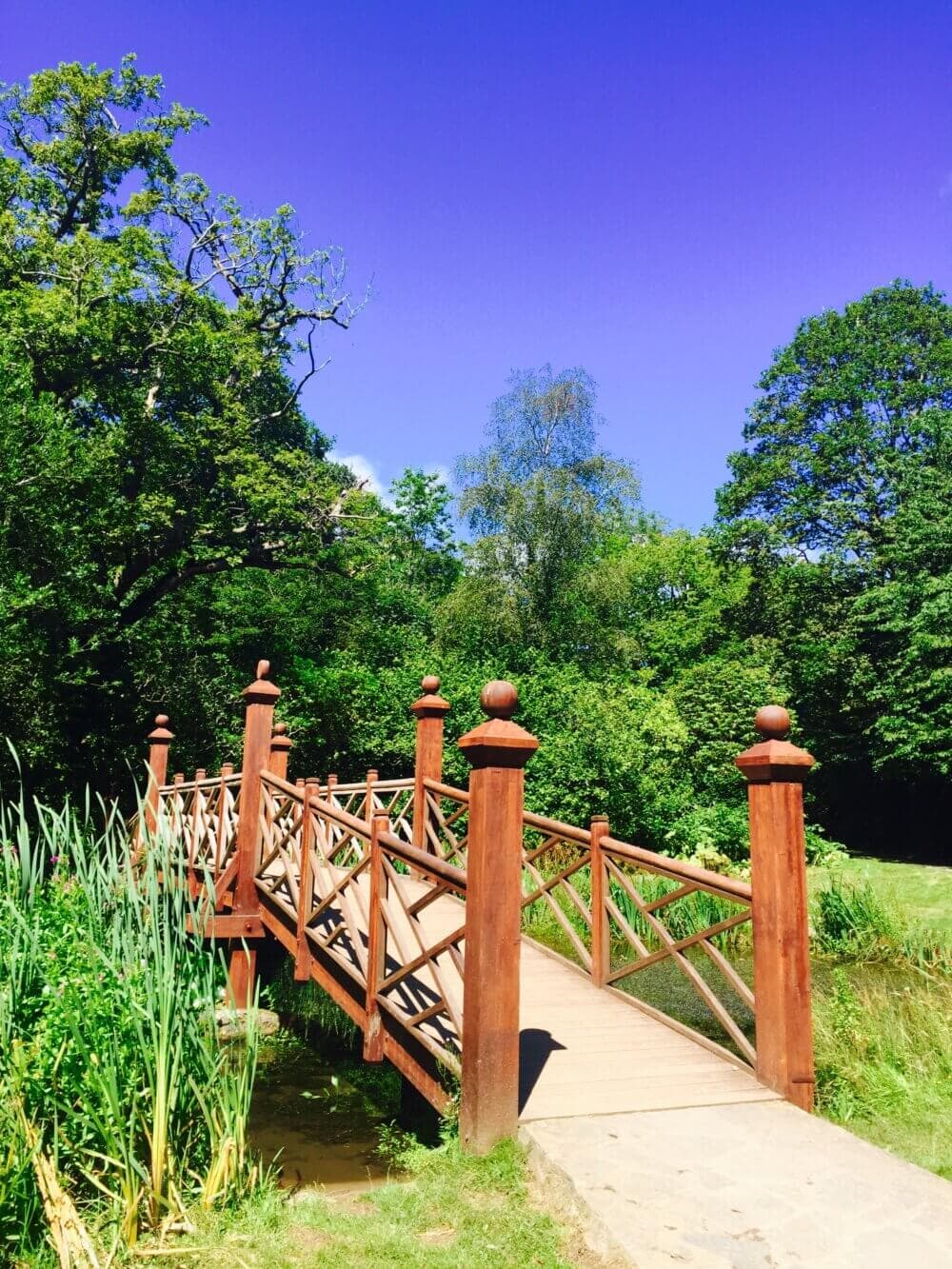 A wooden bridge with railing crosses a stream in a lush, green park under a clear, vivid blue sky. - Home Instead