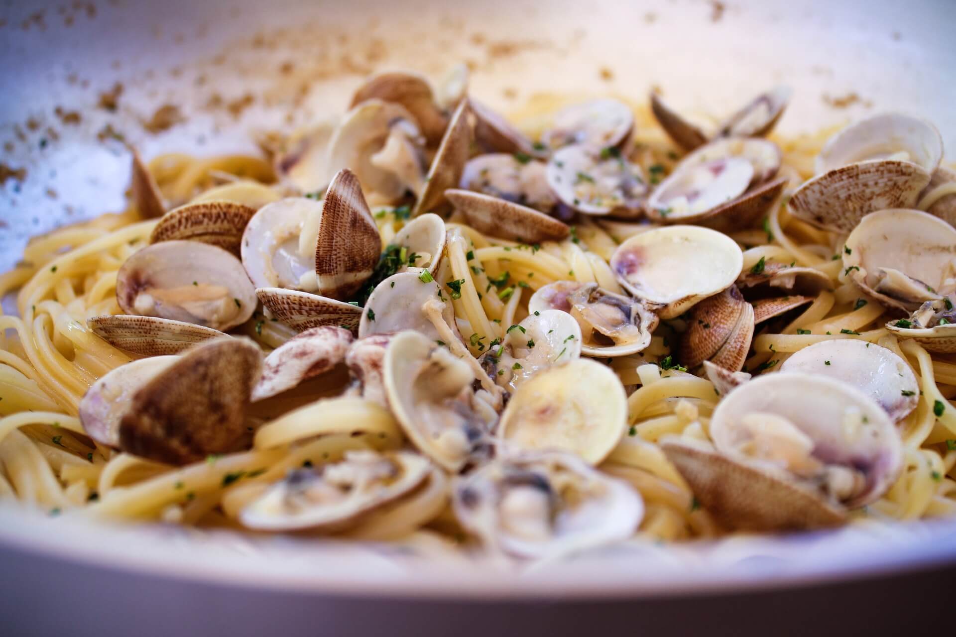 Close-up of a bowl of spaghetti with clams, garnished with herbs. - Home Instead