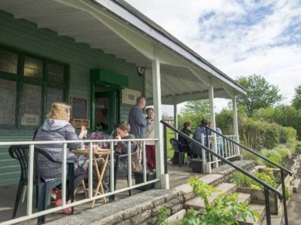 People sit and stand on a porch of a green building, with trees and a blue sky in the background. - Home Instead