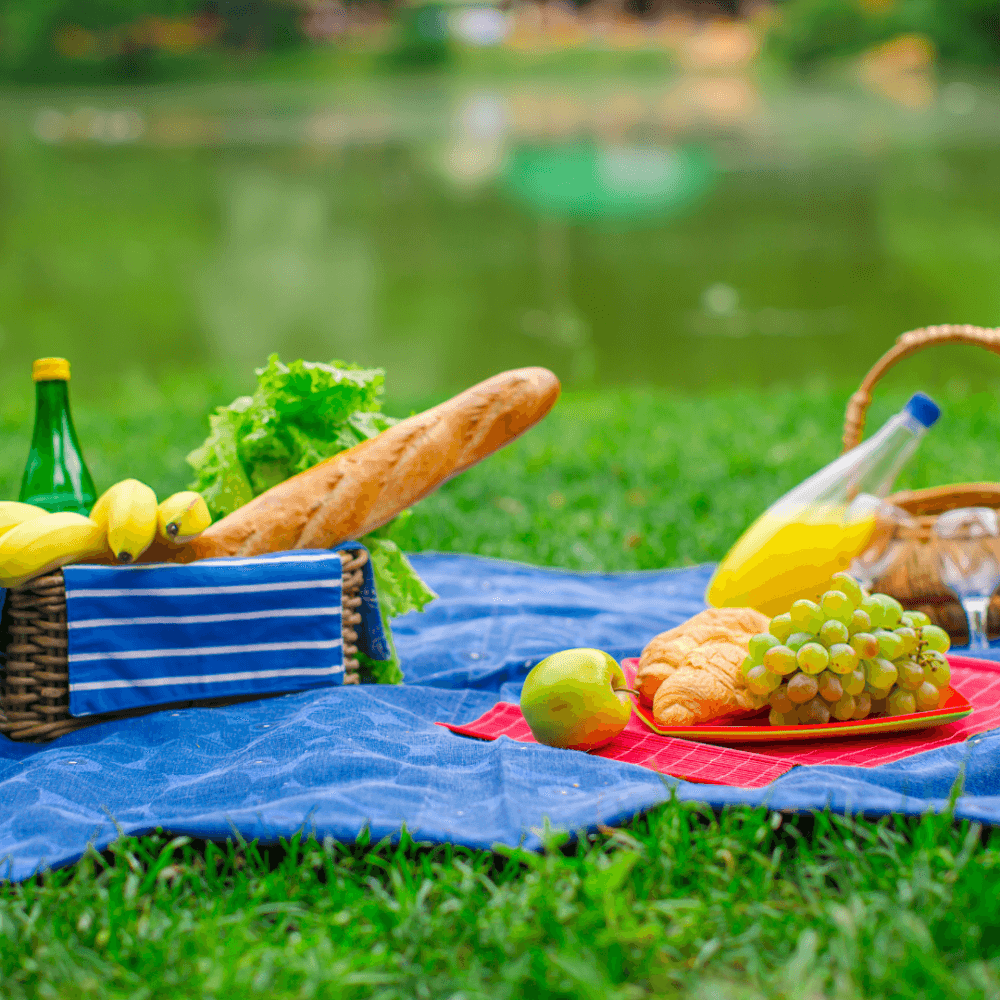 A picnic setup with a blue blanket, baguette, banana, lettuce, apple, grapes, orange juice, and a basket by the water. - Home Instead