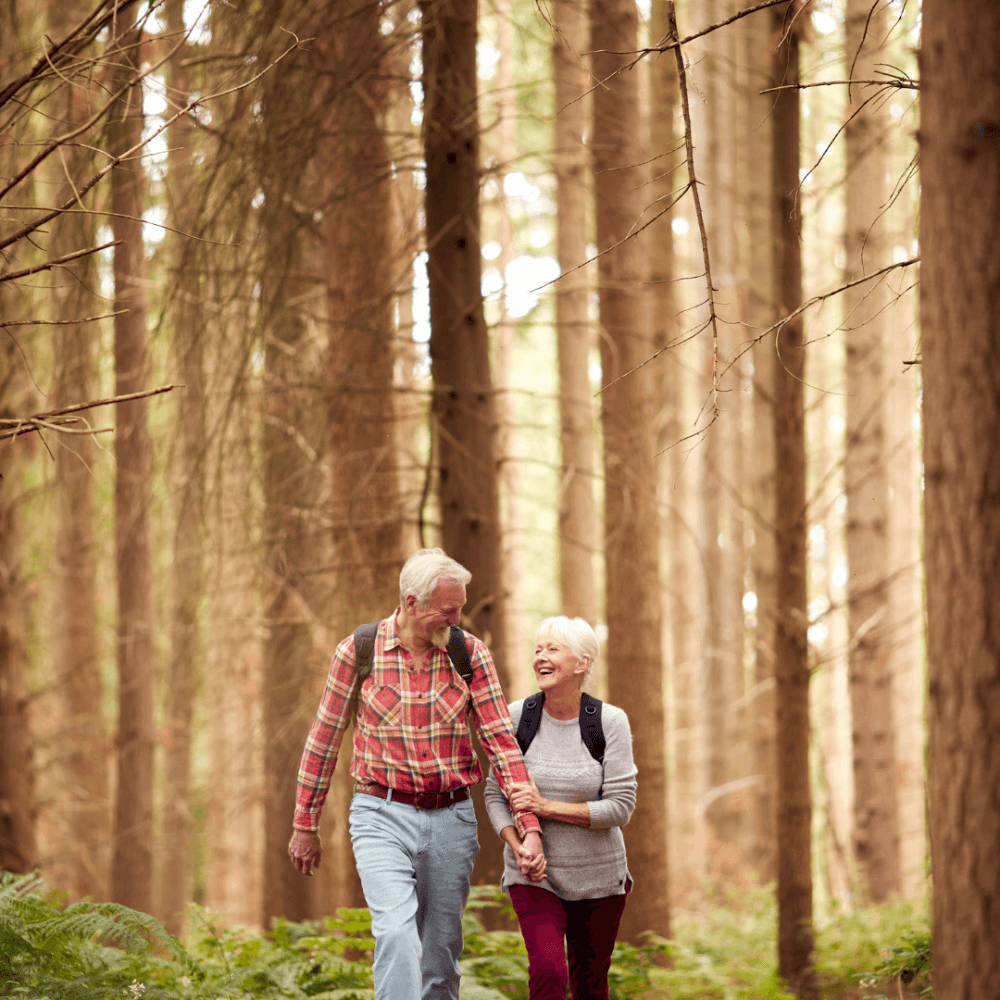 An elderly couple holding hands and smiling while walking through a forested trail with tall trees. - Home Instead