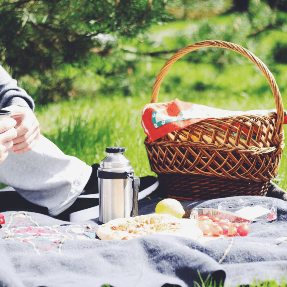 Picnic setup on a blanket with a basket, food, thermos, and person holding a cup, in a green outdoor setting. - Home Instead