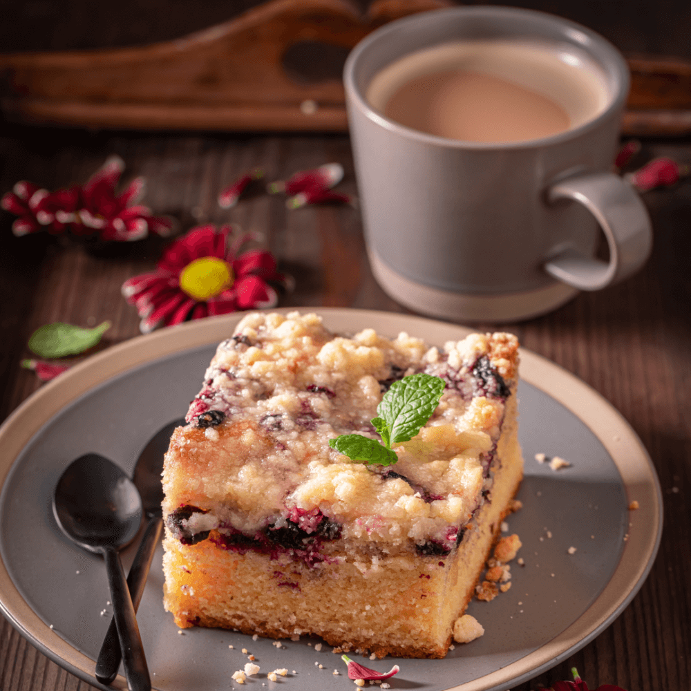 A slice of crumb-topped berry cake with a mint garnish on a plate with a spoon, next to a cup of coffee with milk. - Home Instead