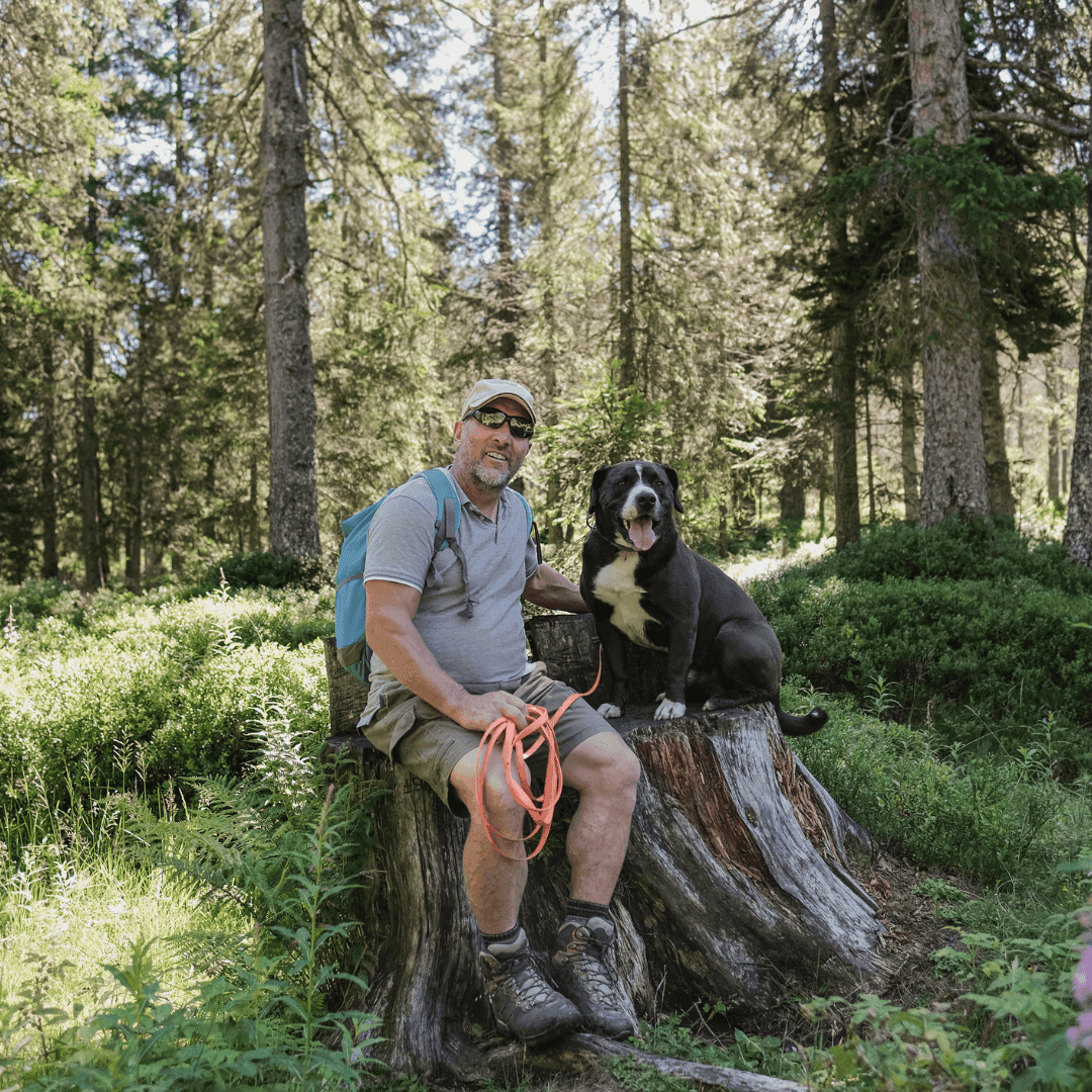 A man sitting on a tree stump in a forest with his dog, both looking at the camera and surrounded by greenery. - Home Instead