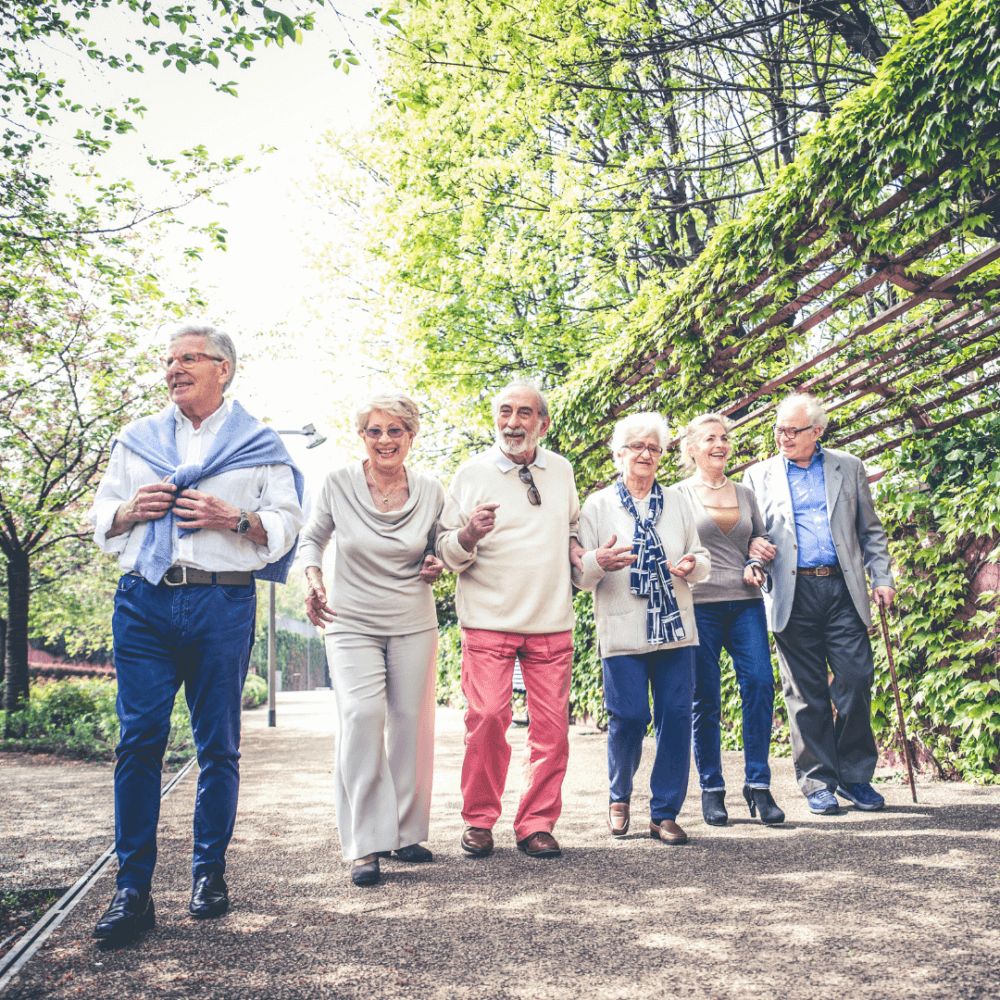 A group of six elderly people are walking together on a path in a lush, green park, smiling and enjoying each other's company. - Home Instead