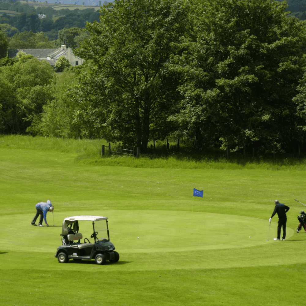 Two people putting on a golf green near a cart, with trees and distant hills in the background. - Home Instead