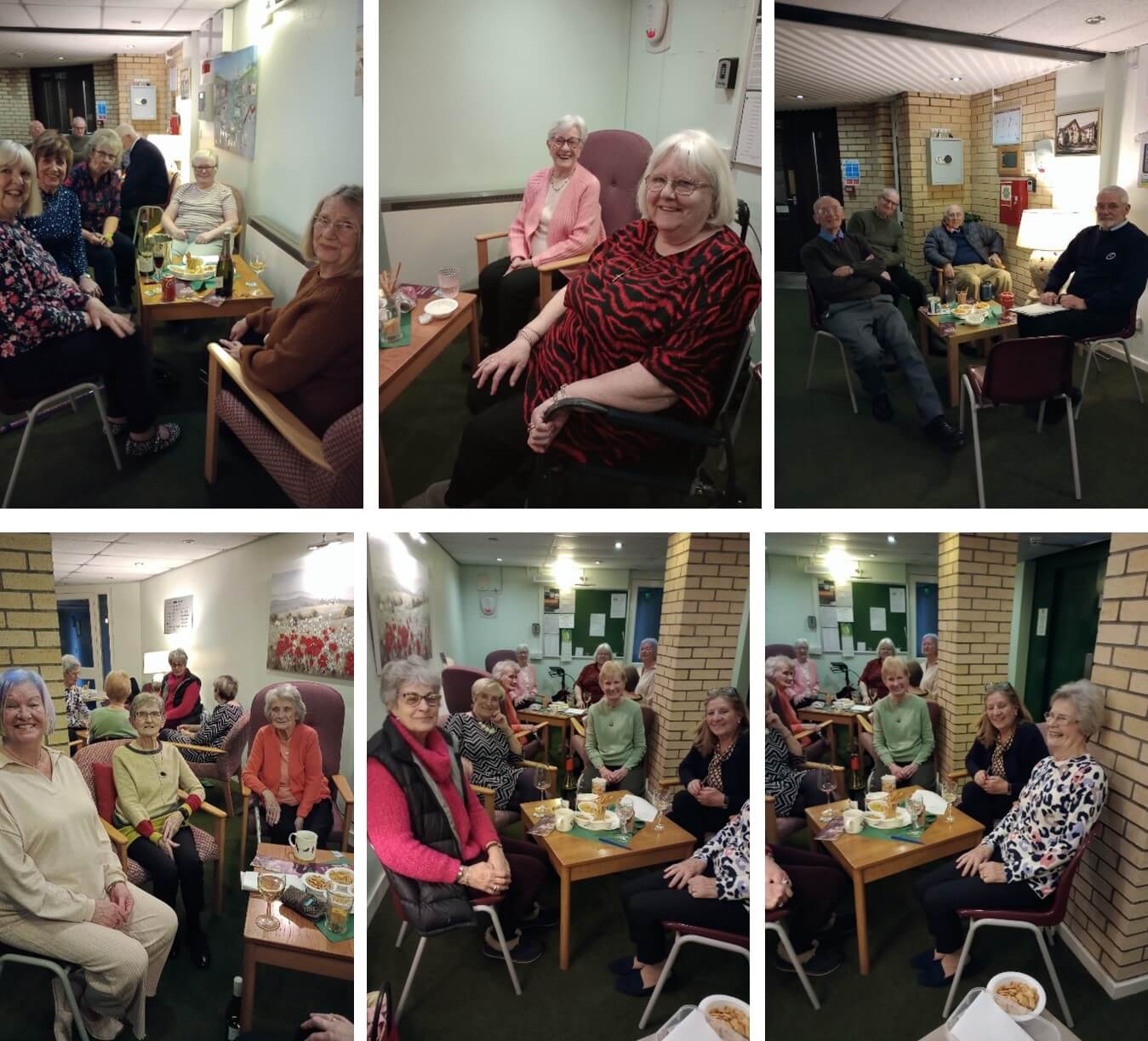 A collage of people sitting and enjoying food and conversation in a comfortable indoor setting. - Home Instead