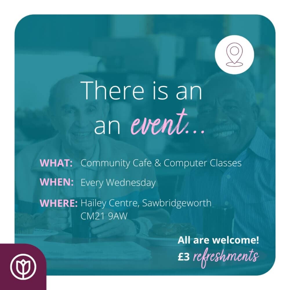 Smiling older adults at a community cafe event advertisement with event details and refreshments cost. - Home Instead