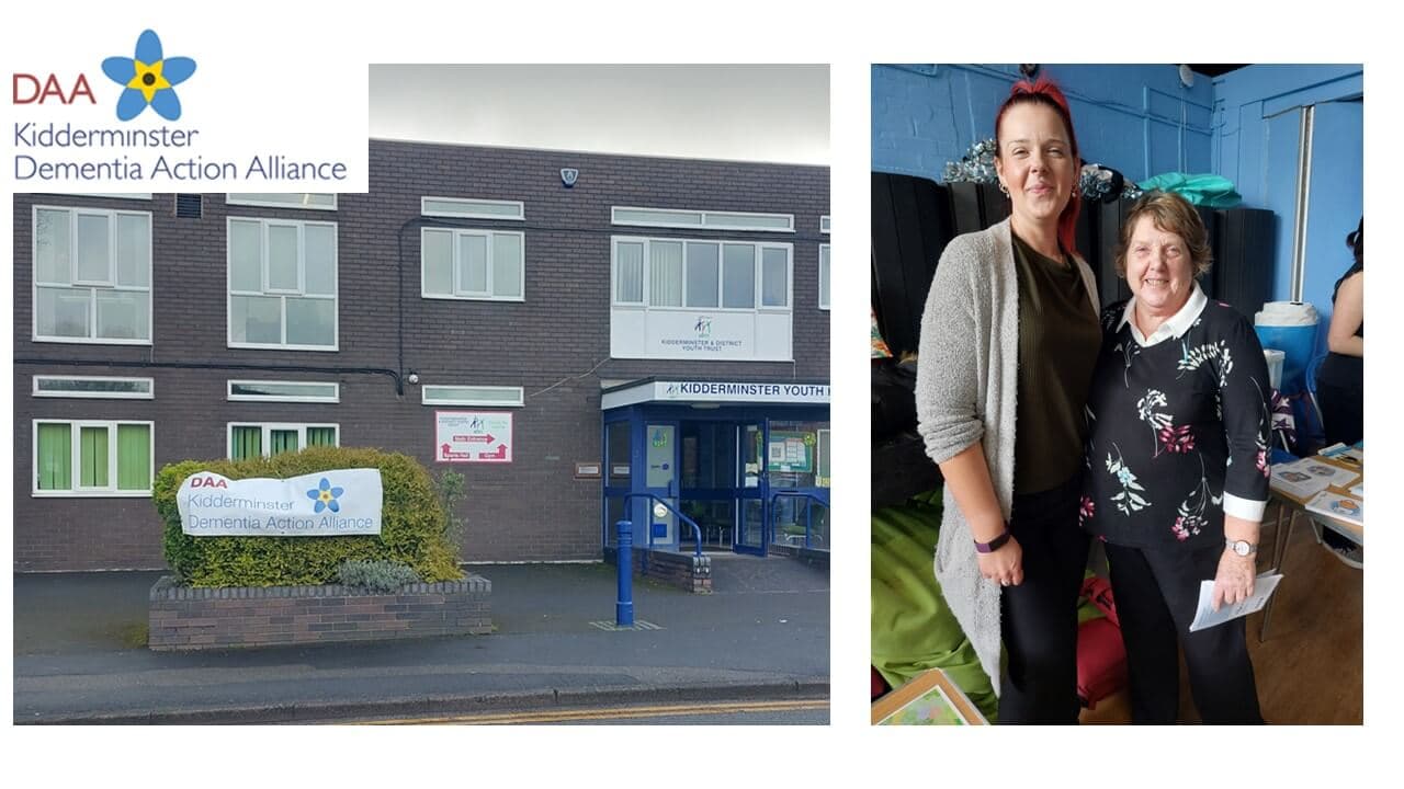 On the left, a building with a sign for Kidderminster Dementia Action Alliance; on the right, two people standing together. - Home Instead