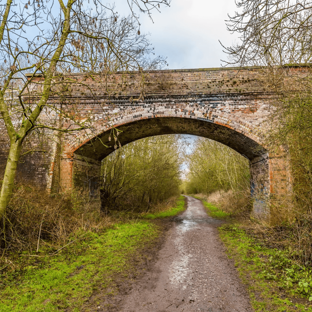 A dirt path leads under a brick arch bridge, surrounded by trees under a partly cloudy sky. - Home Instead