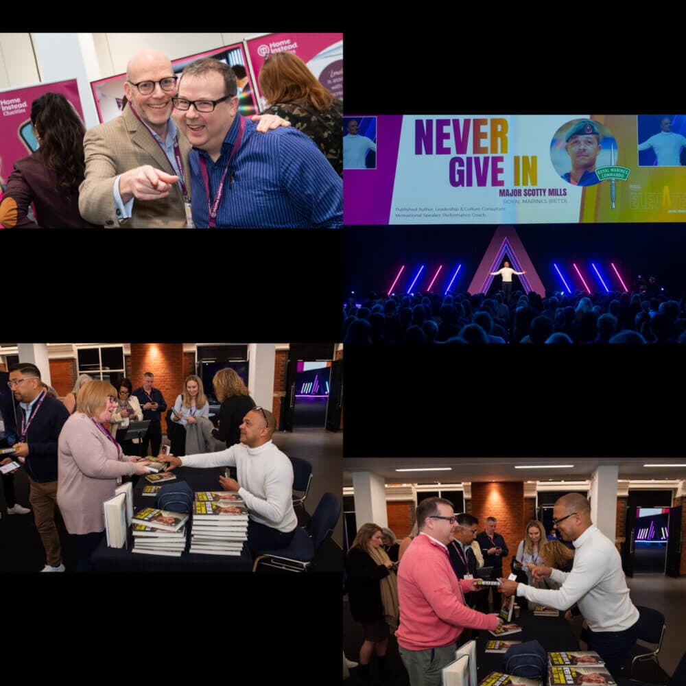Collage: Two men posing; speaker on stage with "Never Give In" backdrop; book signing event with several attendees. - Home Instead