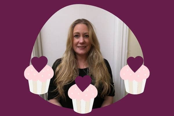 Woman with long blonde hair smiling, surrounded by three illustrated cupcakes with hearts on them, against a purple background. - Home Instead