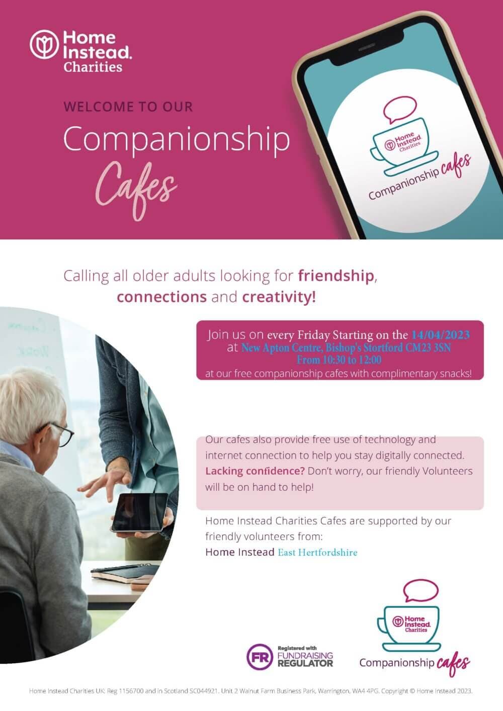 Home Instead Charities flyer inviting older adults to Companionship Cafes for friendship, tech help, and free snacks. - Home Instead