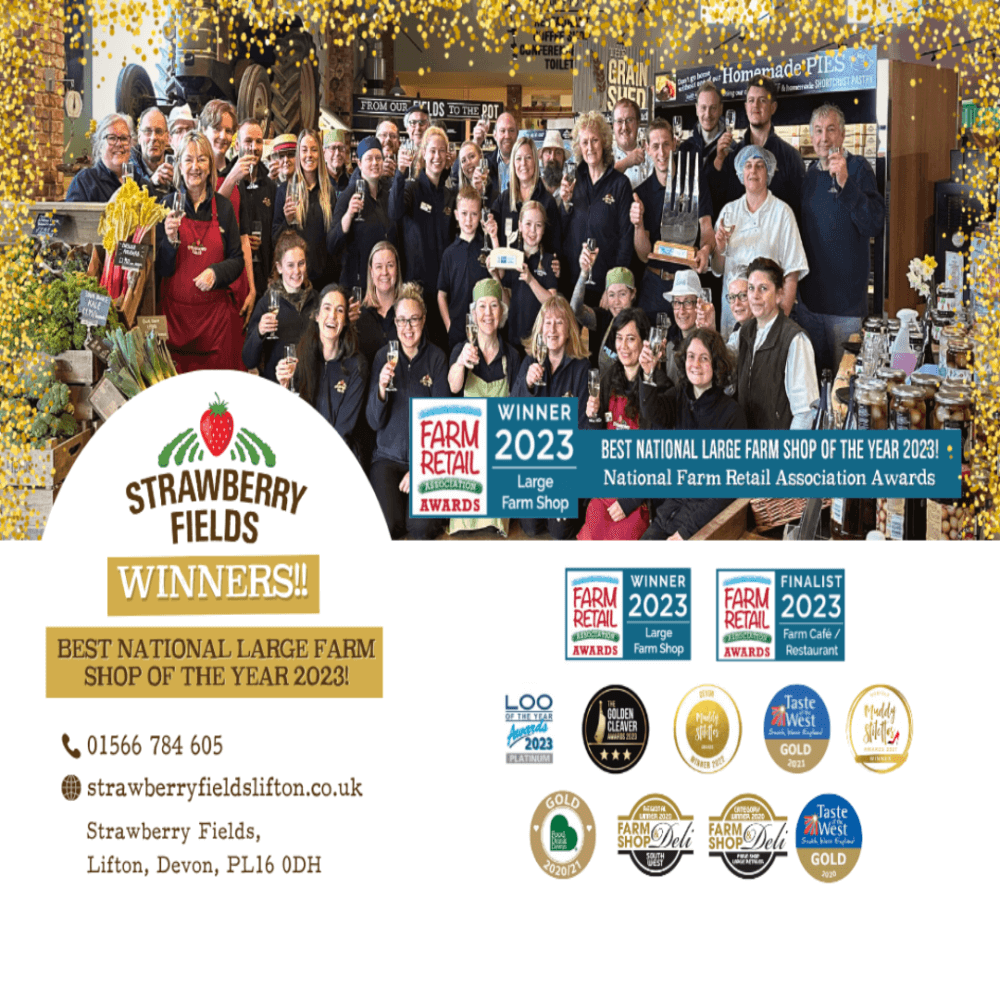 Group of people celebrating Strawberry Fields winning the 2023 Best National Large Farm Shop award. Shop details included. - Home Instead